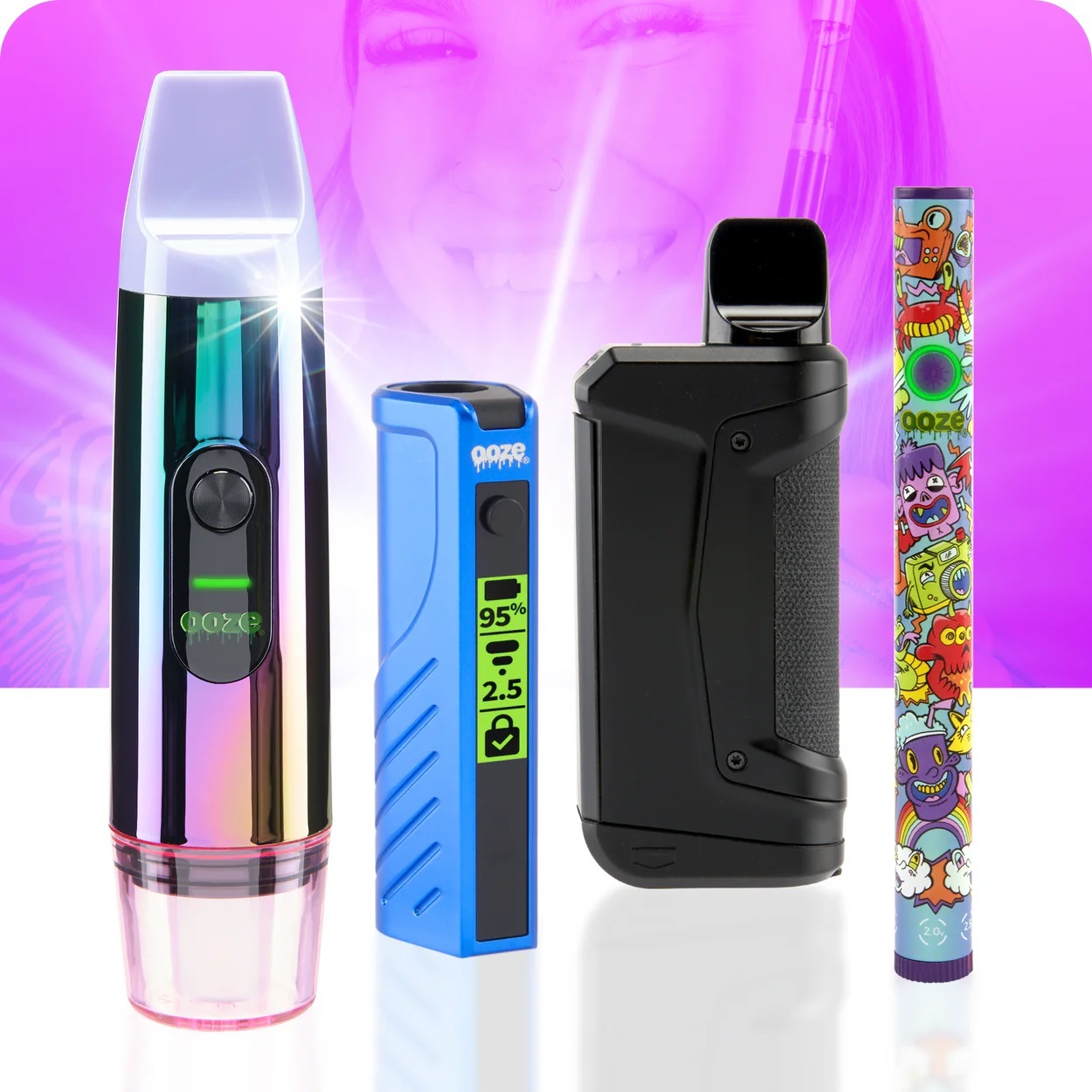 Four Ooze vaporizers, one with the limited edition Hype Engine design